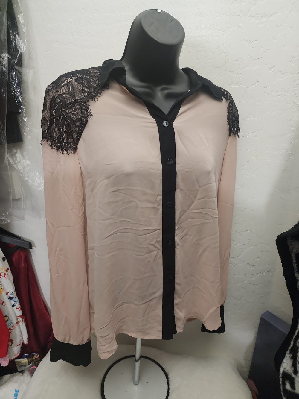 Iz Byer Blush Pink Button-Down Shirt with Black Lace Accents